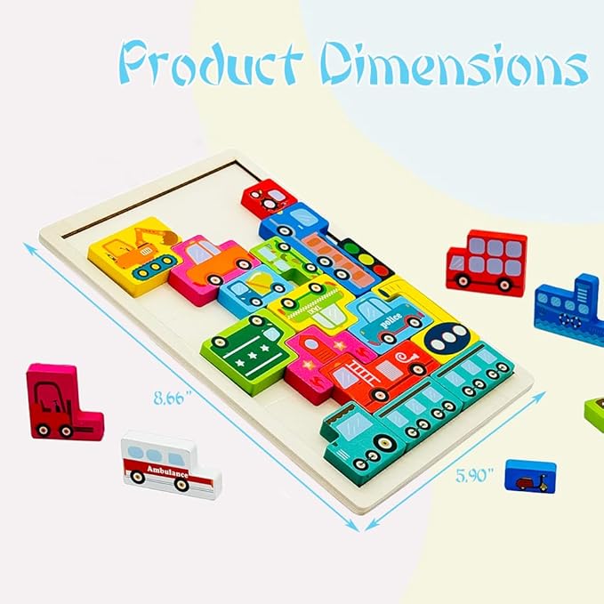 Wooden Blocks Puzzle Russian Blocks for Kids Age 3 4 5 Years Old, Children's Puzzle Game Board Learning Education Montessori Toddler Puzzle Wooden Toys for Kids Birthday Party Gift (Vehicle)