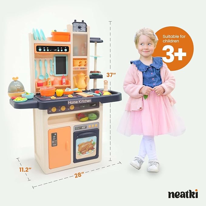 Kids' Play Kitchen Set, 65-Piece Toy Set for Toddlers, 27.95 x 11.22 x 36.81 Inch, with Functional Faucet, Realistic Steam Effects, Lights and Sounds (Blue)