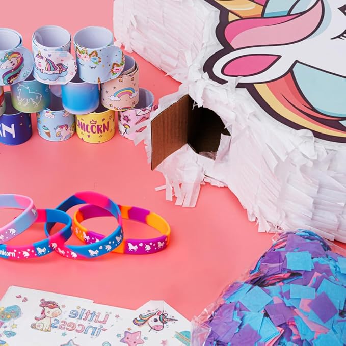 Unicorn Pinata Unicorn Party Favors for Girl Birthday Party Unicorn Party Supplies with Unicorn Pinata Headbands Stickers Slap Bracelets Keychains Silicone Bands and Straws (White)