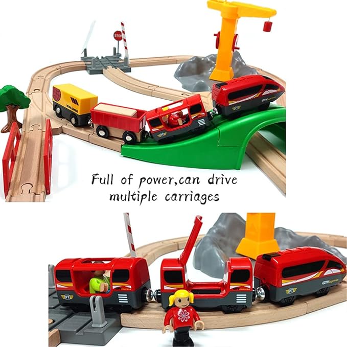Battery Operated Trains for Wooden Train Track Set Locomotive with Light for Toddlers 3 4 5 Year Old Boys Red High Speed Magnetic Couplings with Passengers(Without Battery)