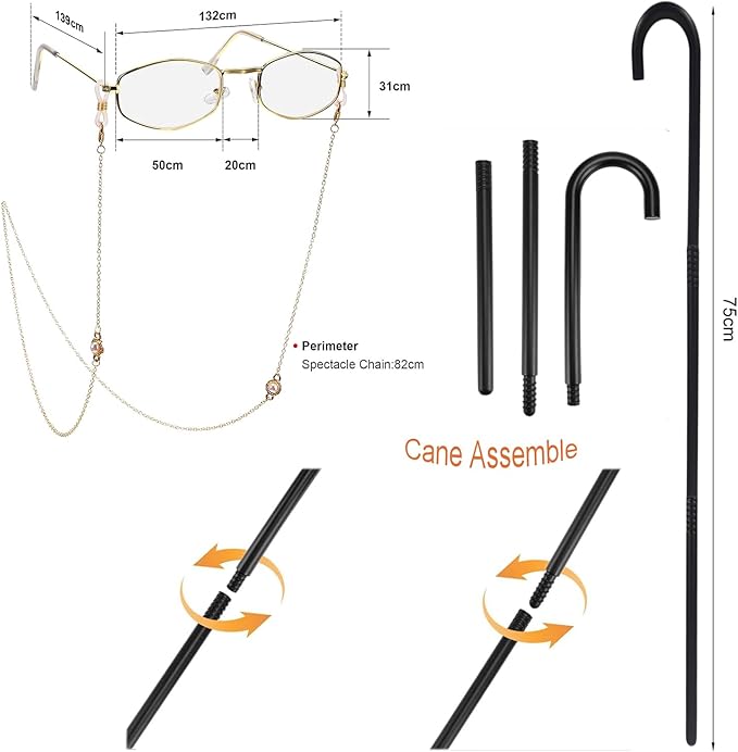 11Pcs 100 Days of School Old Lady Costume for Kids, elderly outfit for Girls, Wig Cane Cosplay Accessories Blue, S