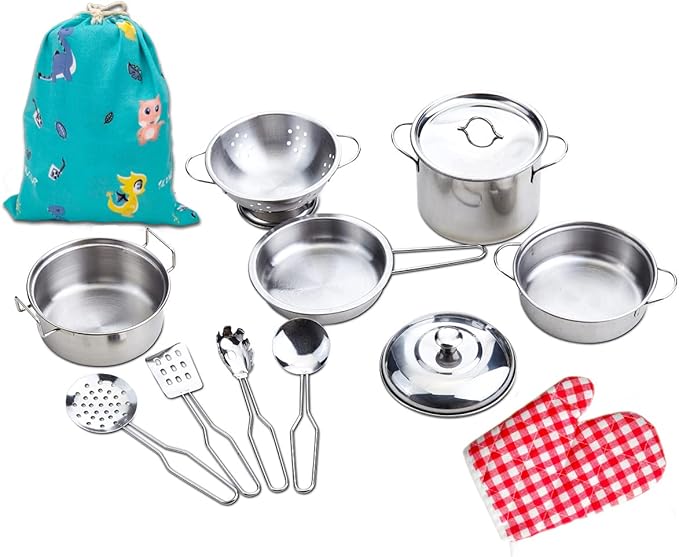 Yellora Play Pots and Pans Sets for Kids, Stainless Steel Cookware Toys Gift Set for Christmas, Pretend Play Kitchen Accessories, Role Play Educational Toys for Kids Toddlers Boys Girls