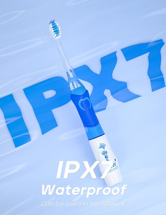 SEAGO Kids Electric Toothbrush with 2 Mins Brushing Timer and 4 Replacement Bursh Heads, Rainbow LED Light Make Brushing Fun, Blue Color Boys Battery Powerd Toothbrush for 4-12 Years Old,SG-977