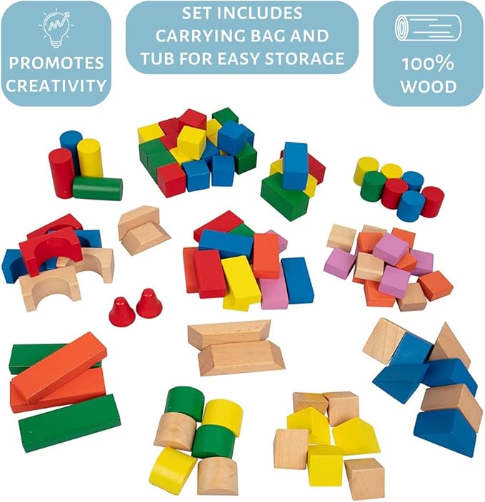 Wooden Blocks - 100 Pc Wood Building Block Set with Carrying Bag (Rainbow Colored)- 100% Real Wood in 7 Colors and 14 Shapes - Stack, Build and Store- Fun Gift, Back to School Project
