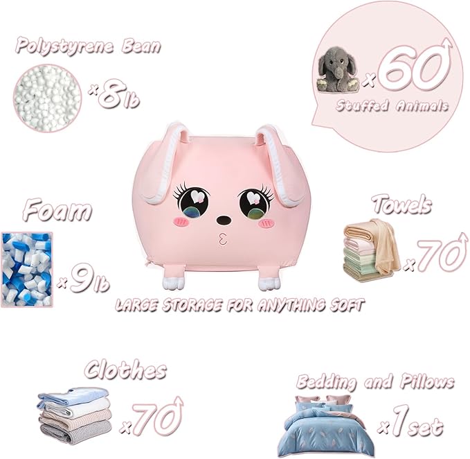 Big Ear Rabbit Toy Organizers and Storage, Cute Bean Bag Chair Pink for Girls Room Decorations, Large Size 22x24 Inch Velvet Extra Soft, Cover ONLY
