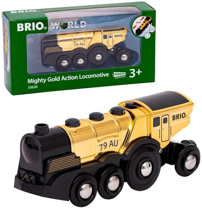 BRIO 33630 World Mighty Golden Action Locomotive - Battery Operated Toy Train with Dynamic Light and Sound Effects | for Kids Age 3 and Up | Compatible with All BRIO Railway Tracks and Vehicles