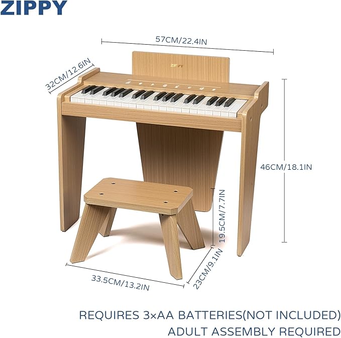 ZIPPY Kids Piano Keyboard, 37 Keys Digital Piano for Kids, Touch Sensitive Control Panel, Built-in Songs, Volume Adjustable, Music Educational Instrument, Wood Piano for 3+ Girls and Boys, Oak Plus