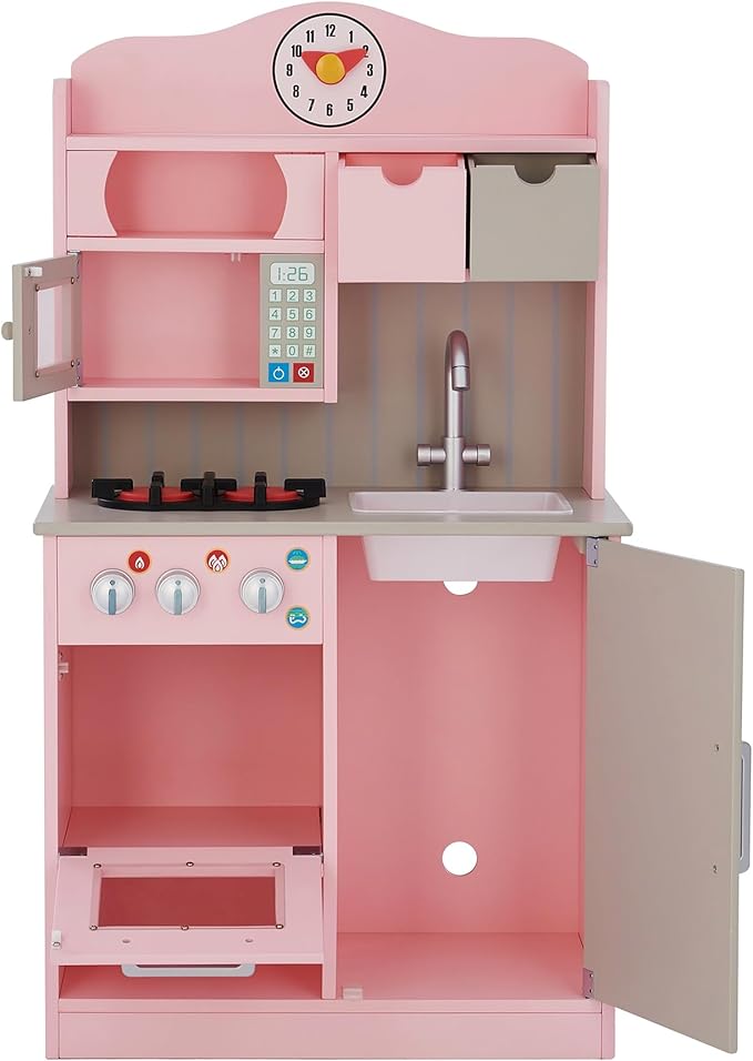 Teamson Kids Little Chef Florence Classic Interactive Wooden Play Kitchen with Accessories and Storage Space for Easy Clean Up, Pink with Gray Accents