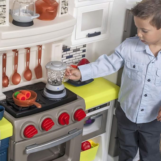 Step2 Elegant Edge Kids Kitchen Playset, Indoor/Outdoor Kitchenette, Interactive Play with Lights and Sounds, Made of Durable Plastic, Includes 78 Piece Toy Accessories, For Toddlers 3+ Years Old