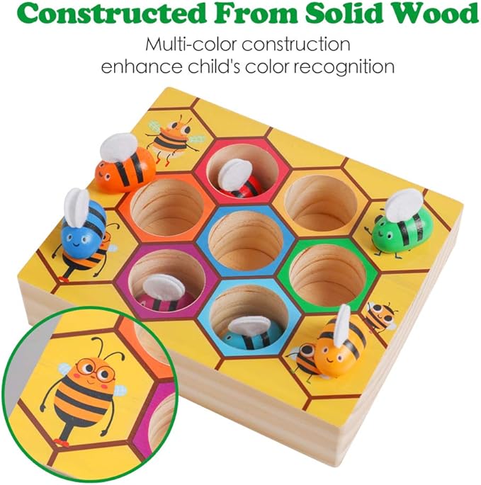 Toddler Fine Motor Skill Toy, Clamp Bee to Hive Matching Game, Montessori Wooden Bee Hive Toys, Wood Color Sorting Puzzle Early Learning Preschool Educational Gift for 2 3 4 Years Old Kids