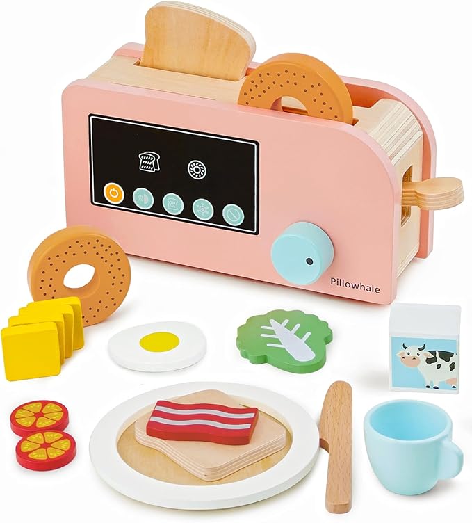 Toddler Kitchen Playset, Wooden Toy Toaster with Pretend Play Food Sets, 17Pcs Play Breakfast Playset Pop Up Toy, Play Toaster for Kids Boys and Girls Ages 3+
