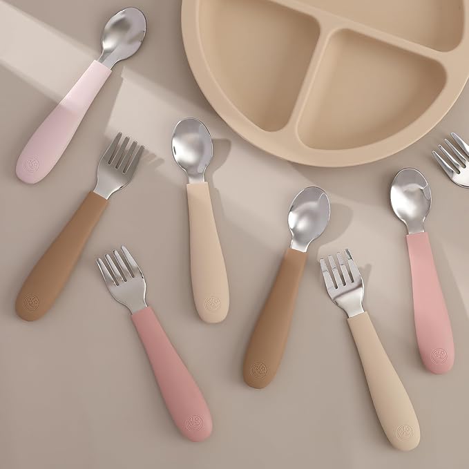 CoixFoam 8 Pieces Toddler Utensils, Toddler Safe Silverware Set With Food Grade Silicone Hanlde, 18/8 Stainless Steel, Perfect Length For New Self Feeders, Dishwasher Safe
