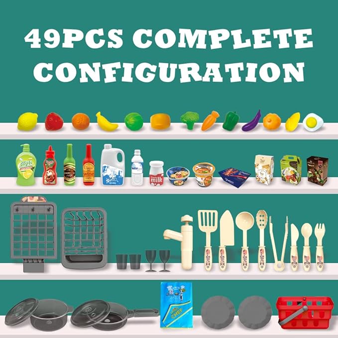 Kitchen Play Set for Kids - 49PCS Pretend Cooking Playset Accessories with Pot and Pan,Dish Rack,Play Sink,Pretend Play Food Toys with Baby&Toddler-Educational Gift for 3 4 5 6 Ages Girls&Boys