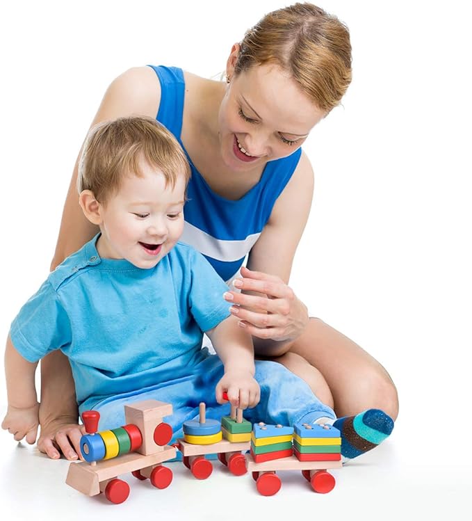 FUN LITTLE TOYS Stacking Train, Shape Sorter Wooden Toys(23 pcs), Sorting & Stacking Toys for Toddler 3, Montessori Toys for 3 Year Old Boy Girl Gifts, Kids Wooden Train Toy