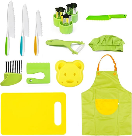 Montessori Kitchen Tools for Toddlers Cooking, Wooden Kids Kitchen Knife Set Include Plastic Toddler Safe Knives, Apron Set, Cutting Board, Sandwich Cutter, Y Peeler, Crinkle Cutter