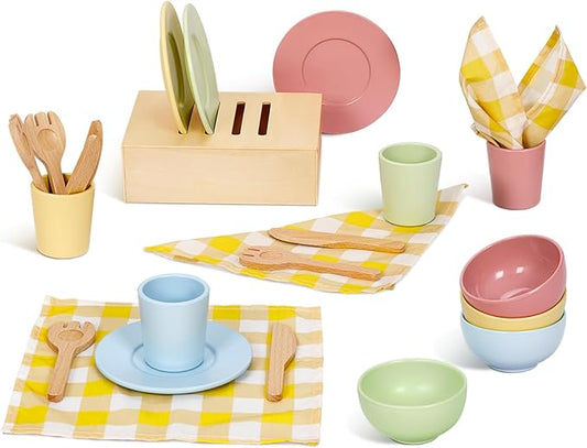 Wooden Play Dishes and Plates for Kids Kitchen Set, 25 PCS Wooden Play Kitchen Accessories, Pretend Montessori Kids Pots and Pans Playset for 3+ Toddlers