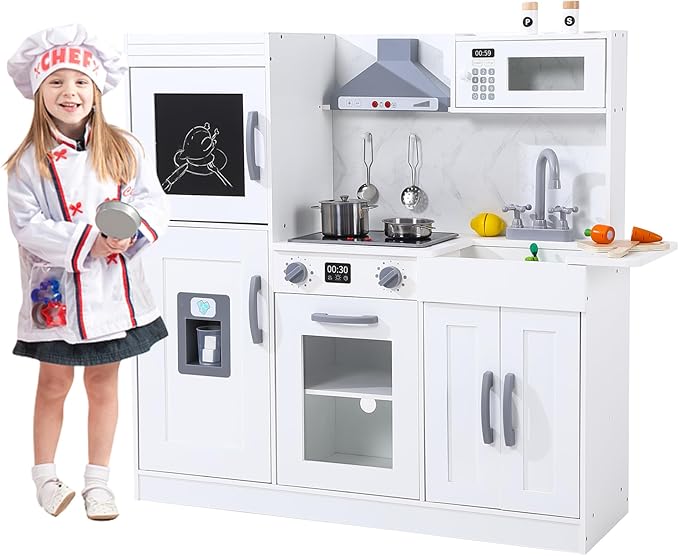White Wooden Play Kitchen Set, Kitchen Playset with Cookware Accessories, Microwave, Oven, Sink, Real Lights & Sounds - Perfect for Chef Pretend Play