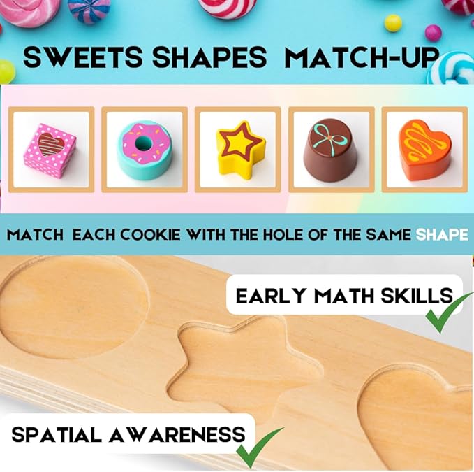Wooden Candies and Lollypops Food Toy with Stand, Educational Toys for 2-7 Years Old Girls and Boys, Dessert Play Food Set for Toddlers, Sweets Pretend Play Kitchen, Color and Shape Recognition