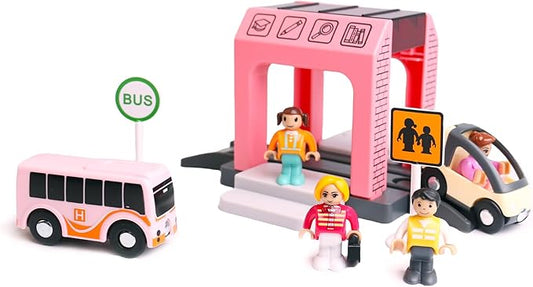 School Bus Station Toy for Wooden Train Track, DIY Extend Station Playset for Railroad Train Track,Preschool Learning Educational Toys for Toddlers Kids Age 3 and up