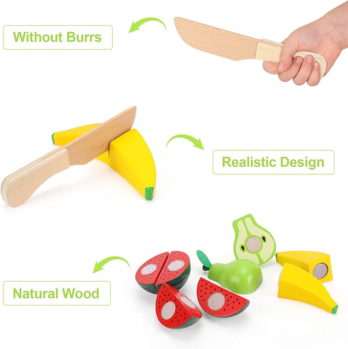 WHOHOLL Wooden Play Food with Wooden Tray & Knife, Pretend Play Cutting Food Toys, Fruits Toy Food Sets for Kids Kitchen, Mini Food Toy, Montessori Toys Learning Resources for 1-5 Year Old Toddlers