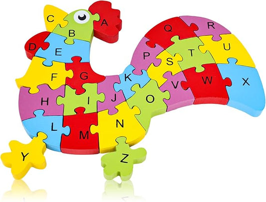 LovesTown Wooden Alphabet Puzzle for Kids, Educational Rooster Shape Letter Learning Blocks, 26 Pieces