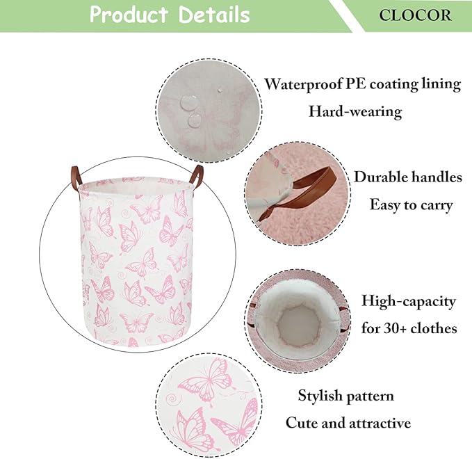 CLOCOR Pink Laundry Basket,Waterproof Nursery Hamper for Baby Girl ,Collapsible Storage Baskets for Girls Bedroom,Kids Toys Storage Bin,Room Decor,Gift Basket(Pink Butterfly