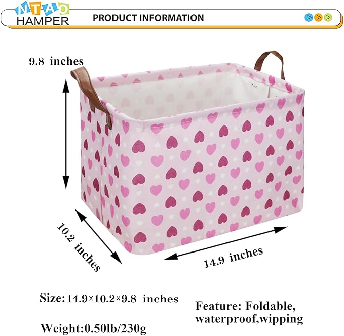 NTAOHAMPER Rectangular Pink Heart Gift Basket Empty,Fabric Storage Basket with Handles,Kids Toys/Books Box,Lovely Storage Bin,Room Decor(Pink Love)