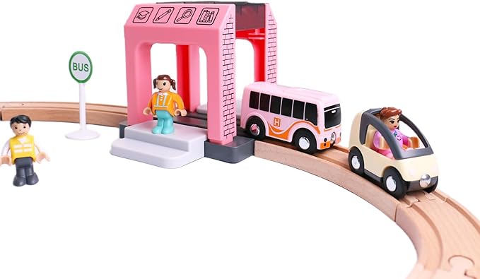 School Bus Station Toy for Wooden Train Track, DIY Extend Station Playset for Railroad Train Track,Preschool Learning Educational Toys for Toddlers Kids Age 3 and up