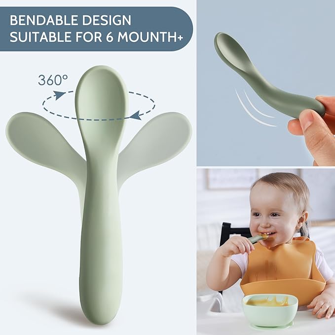 6 Pack Baby Spoons, First Stage Spoons, Shorter Length for Self Feeding, 6+ Months, Baby Training Spoons Infant Spoons, Food Grade Silicone, Dishwasher Safe & Boil-proof