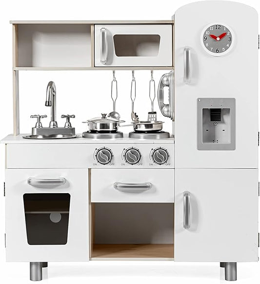 KOTEK Play Kitchen Set for Kids, Wooden Toddler Kitchen Playset with Water Dispenser w/Lights Sounds, Stove, Oven, Fridge, Microwave & Sink, Chef Pretend Play Toy Gift for Girls Boys Age 3+ (White)