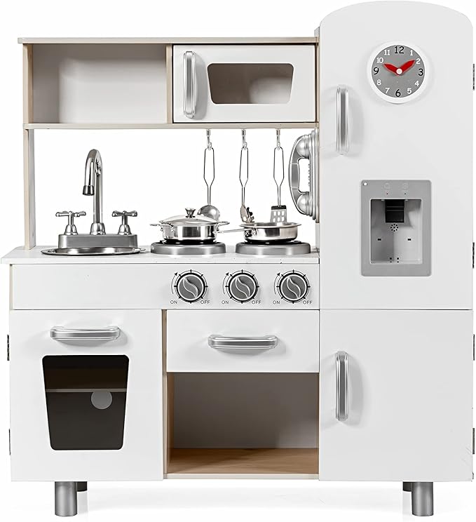 KOTEK Play Kitchen Set for Kids, Wooden Toddler Kitchen Playset with Water Dispenser w/Lights Sounds, Stove, Oven, Fridge, Microwave & Sink, Chef Pretend Play Toy Gift for Girls Boys Age 3+ (White)