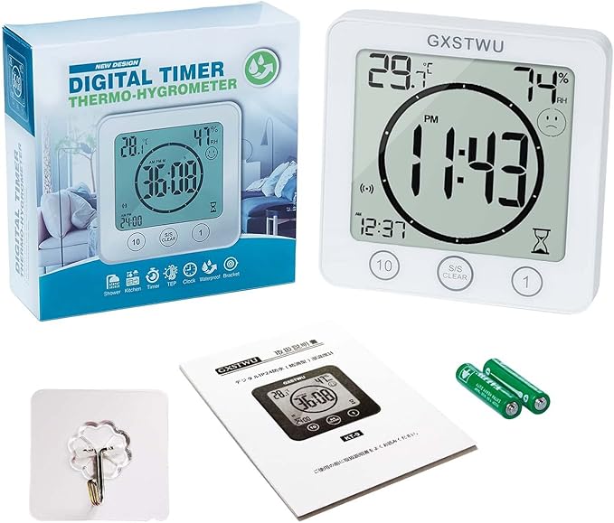 2Pcs Digital Shower Clock, Bathroom Timer Clock, Waterproof for Water Spray, Count Up Count Down Alarm, Touch Screen Timer, Temperature Humidity, Wall Clock Magnet, Suction Cup, Stand (2packs)