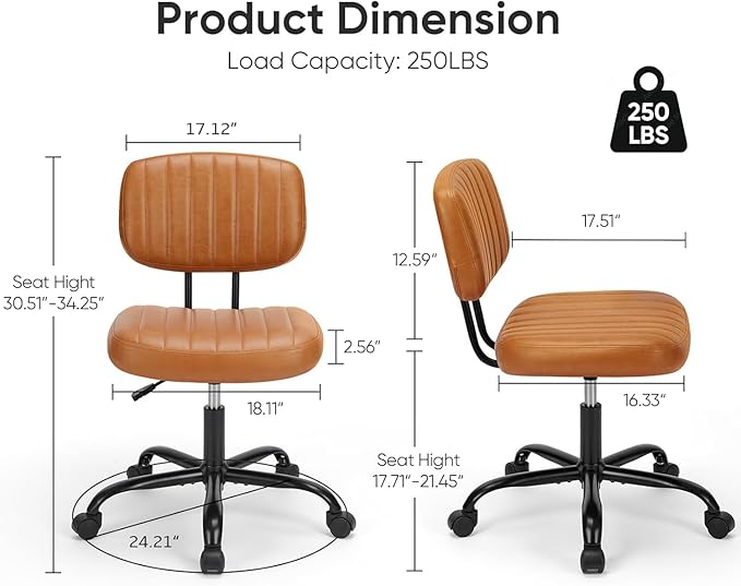 DUMOS Small Armless Home Office Chair with Low Back Lumbar Support, Height Adjustable PU Leather Computer Task with 360° Swivel Wheels, for Small Space, Kids and Adults, Brown