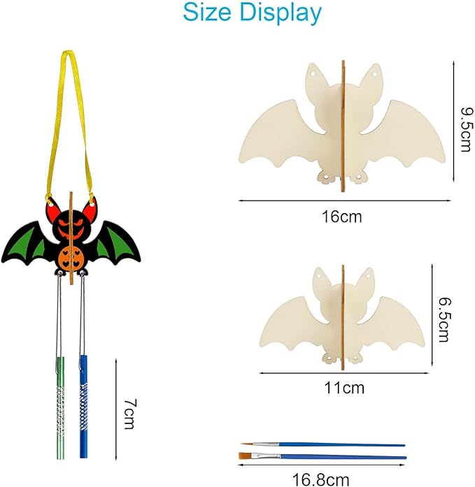 8 Pack Wind Chime Kit for Kids,Halloween Craft Kits Wooden 3D Bat Wind Chime Decorative Hanging Ornaments DIY Painting Craft for Boys Girls Halloween Activity Art Project