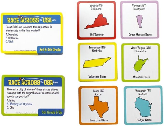 University Games, Scholastic Race Across the USA Board Game , Geography Learning Game for Kids and Families, for 2 to 4 Players Ages 8 and Up