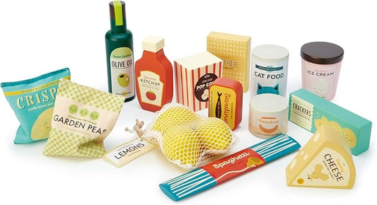 Tender Leaf Toys - Supermarket Grocery Set - 17 Pcs Wooden Pretend Play Food Pack for Supermarket Roleplay Shopping Game, Play Kitchen Accessories - Age 3+