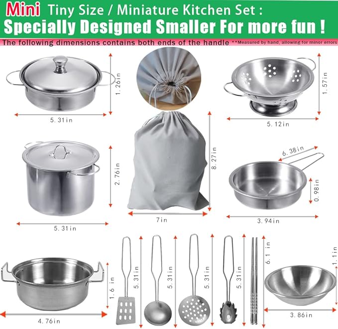 Mini Kids Stainless Steel Cookware Kitchen Cooking Toys Pretend Utensils with Cookware Play Pots and Pans Playset ,Cooking Utensils Pot Rack Organizer Storage Bag for Toddlers (Tiny Size)