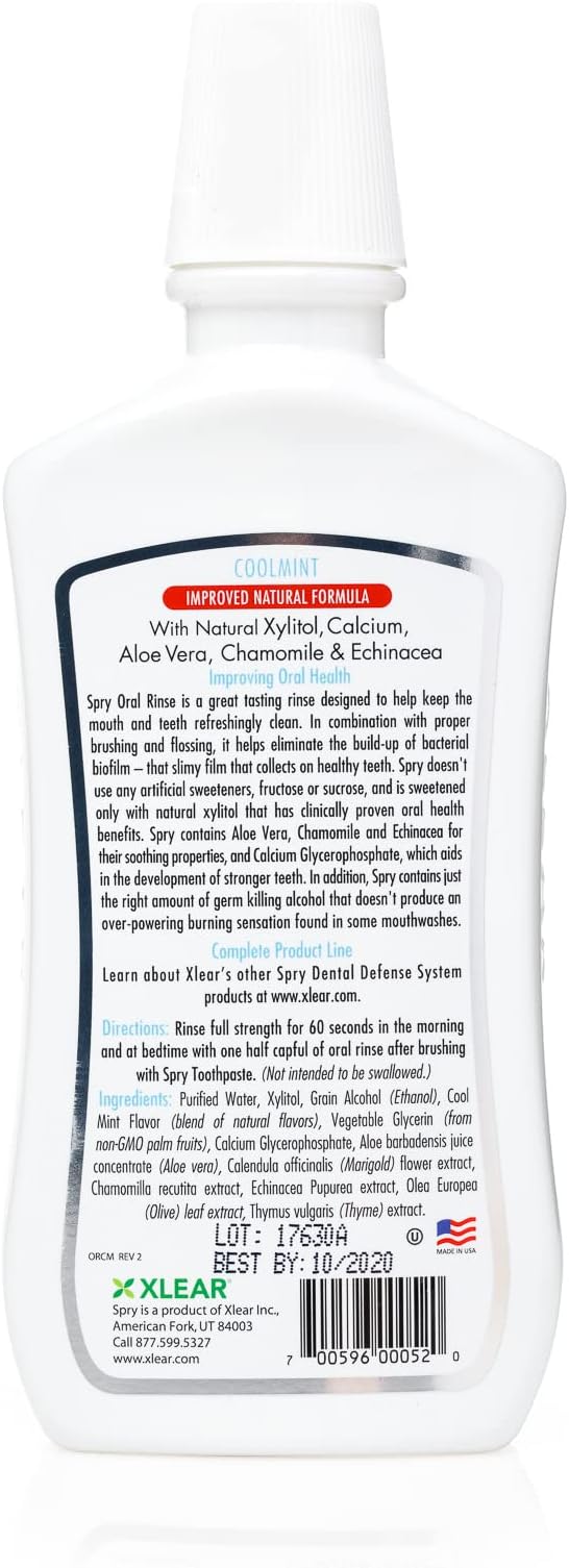 Spry Xylitol Mouthwash Fluoride Free, Oral Rinse with Enamel Support, Natural Cool Mint - 16 fl oz (Pack of 2)