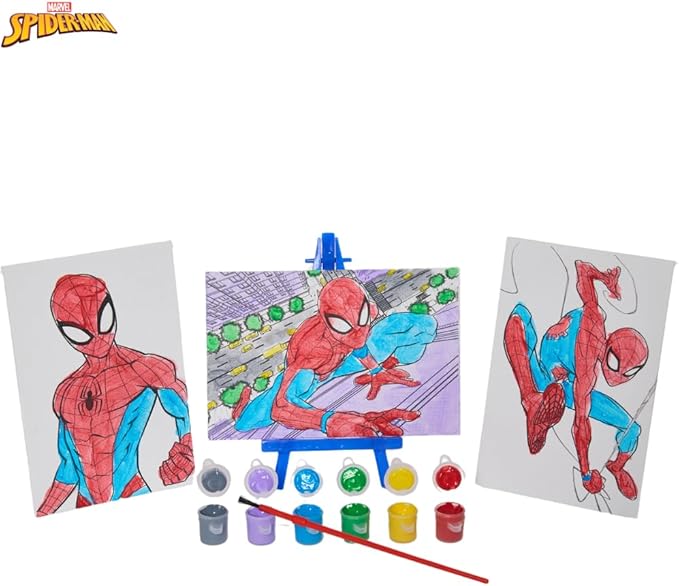 Innovative Designs Marvel Spiderman Canvas Paint Set for Kids with 3 Canvases, Acrylic Paint, Paintbrush, & Easel