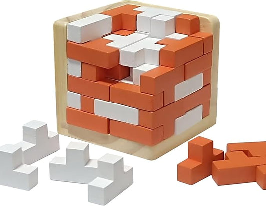 Wooden Brain Teaser Puzzle Cube Wooden Puzzles T-Shaped Jigsaw Logic Puzzle Educational Toy for Kids and Adults by AHYUAN (Orange and White)