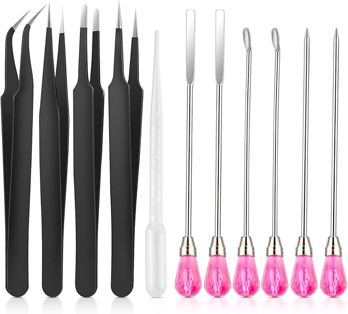 11 Pcs Silicone Resin Mold Tools Set, Tweezers Jewelry Making Kit, Stirring Needle Spoon Tool, Anti-Static Stainless Steel ESD Tweezers Precision Set for DIY Epoxy Resin Casting Craft