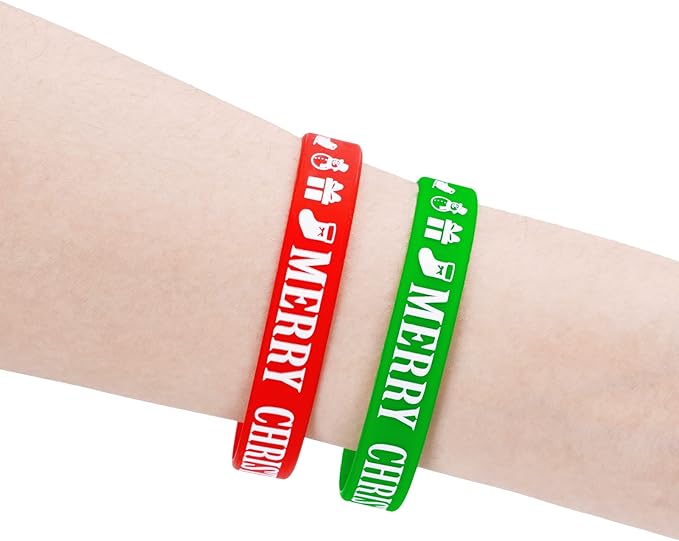 Whaline 36Pcs Christmas Silicone Bracelets Xmas Red Green Winter Blue Rubber Wristbands Assorted Design Unisex Stretch Rubber Wristband for Xmas Goodie Gift Bag Fillers Holiday Party Favor Supplies