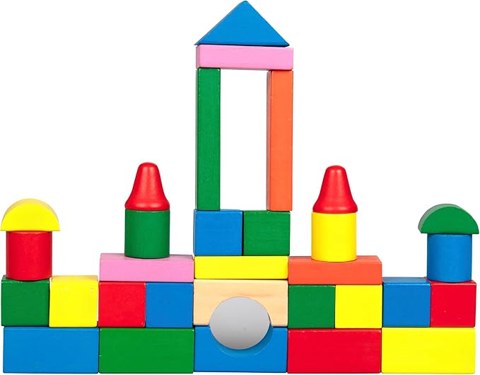 Wooden Blocks - 100 Pc Wood Building Block Set with Carrying Bag (Rainbow Colored)- 100% Real Wood in 7 Colors and 14 Shapes - Stack, Build and Store- Fun Gift, Back to School Project