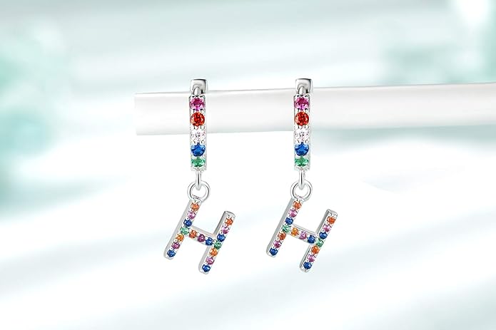 Presentski Initial Earrings 925 Sterling Silver Colorful Huggie Small Hoop Earrings Rainbow CZ Drop Dangle Simple Alphabet Earrings S925 Hypoallergenic Earring Letter A-Z for Daughter Women
