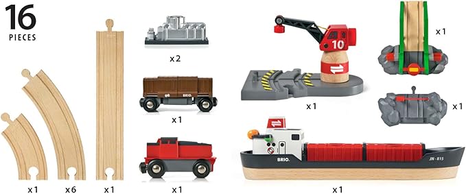 BRIO World - 33061 Cargo Harbor Set | 16-Piece Train Set with Accessories Wooden Tracks | Ideal Gift for Kids Aged 3+ | Certified Sustainable Materials