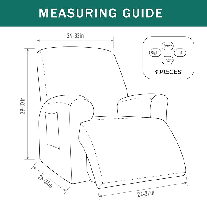 NILUOH Recliner Cover 4 Pieces Stretch Jacquard Recliner Chair Cover with Side Pocket Anti-Slip Fitted Washable Reclining Chair Protector with Elastic Bottom for Kids, Pets, Dogs