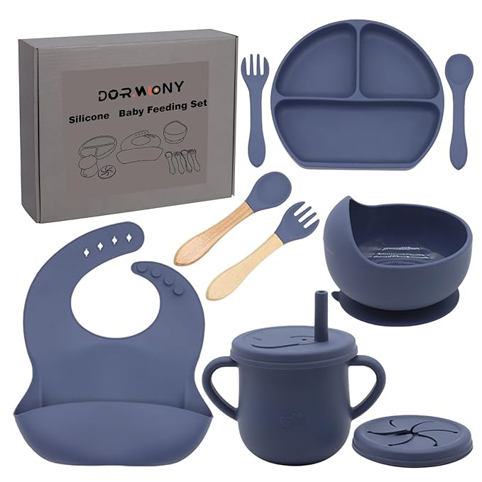 100% Silicone Baby Feeding Set,BPA Free Baby Dishes Set with Suction Bowl Divided Plate,Toddler Self Feeding Dish Set with Spoons Forks Sippy Cup and Bib, Baby Eating Utensils (Navy Blue)