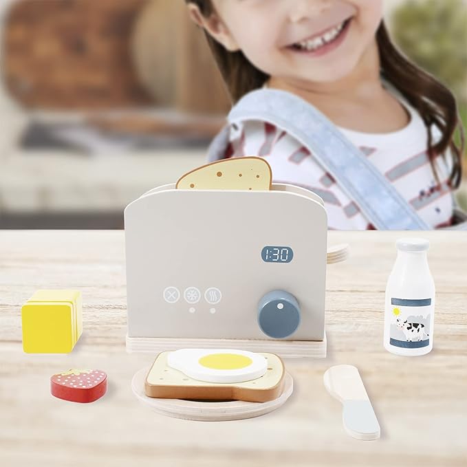 PairPear Pop up Toaster Play Kitchen Playset - Wooden Toy Food 11 Accessories for Kids