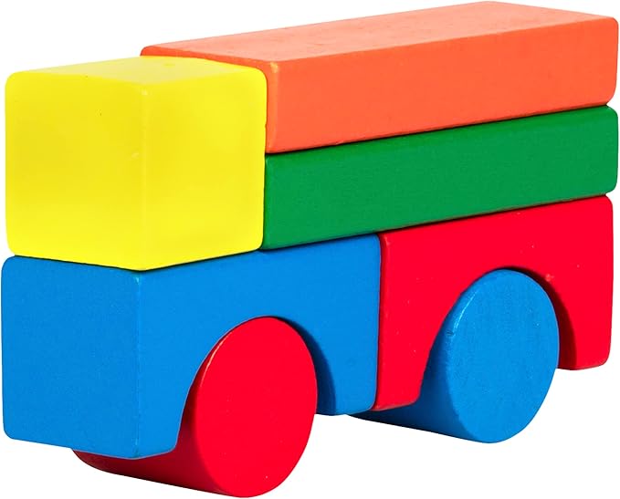 Wooden Blocks - 100 Pc Wood Building Block Set with Carrying Bag (Rainbow Colored)- 100% Real Wood in 7 Colors and 14 Shapes - Stack, Build and Store- Fun Gift, Back to School Project