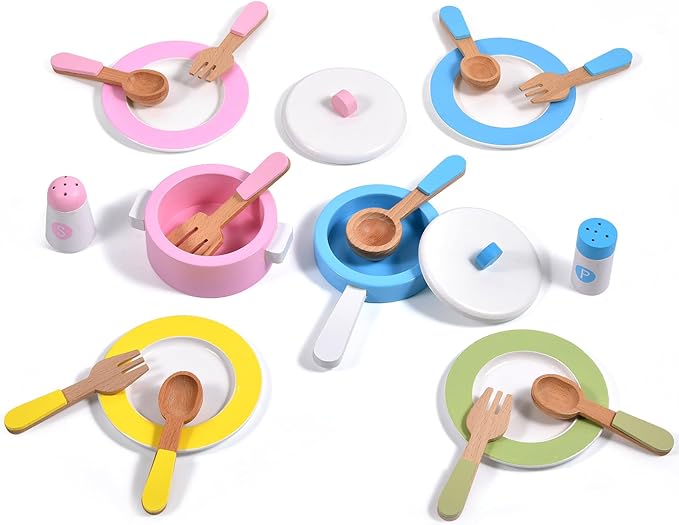 WHOHOLL Wooden Toy Kitchen & Play Dishes Set, Montessori Kitchen Toys for Girls and Boys, Pretend Play Kitchen Accessories Toddler Cooking Toys for Kids Ages 1-5 - Christmas Birthday Gift Sets